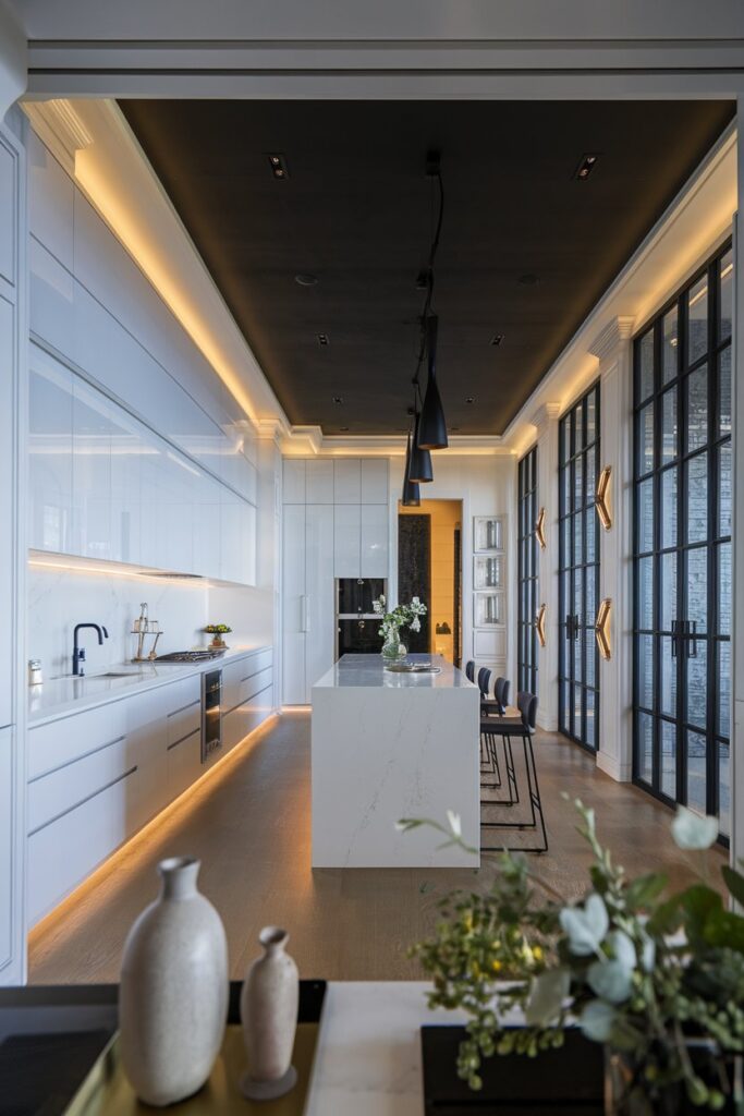 Black Ceiling with Bright White Kitchen Cabinets