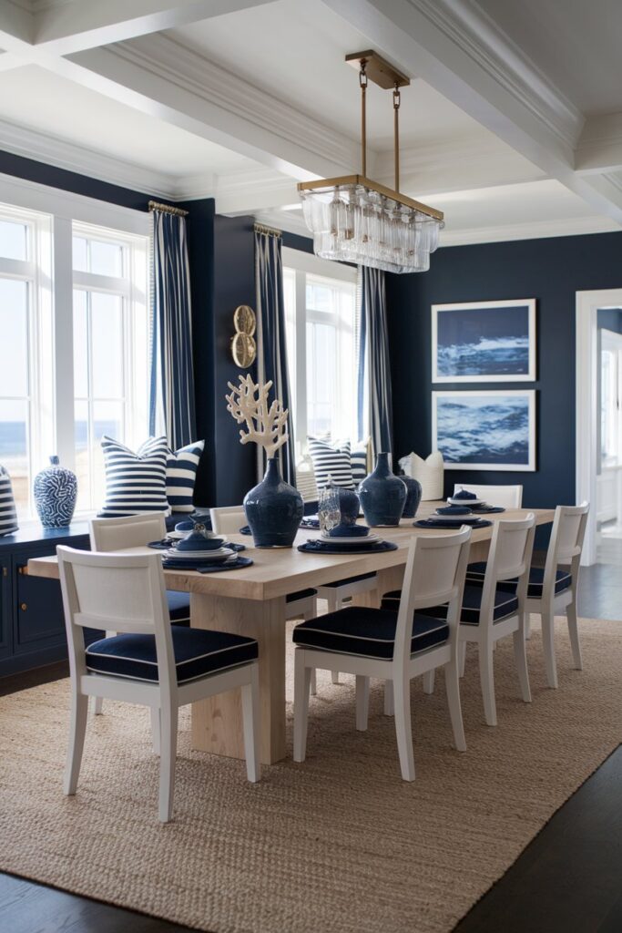 Navy Blue and White Coastal Dining Space