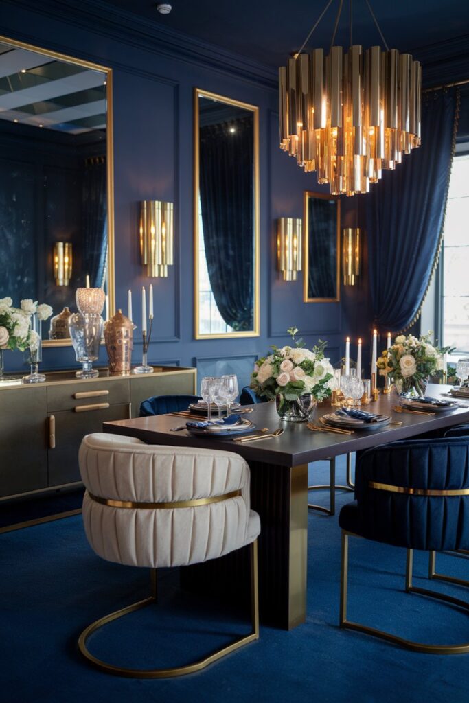 Navy Blue Dining Room With Gold Decor