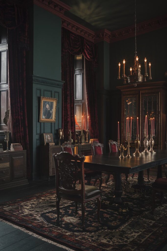 Dark Moody Victorian Dining Room With Rich Wood Tones