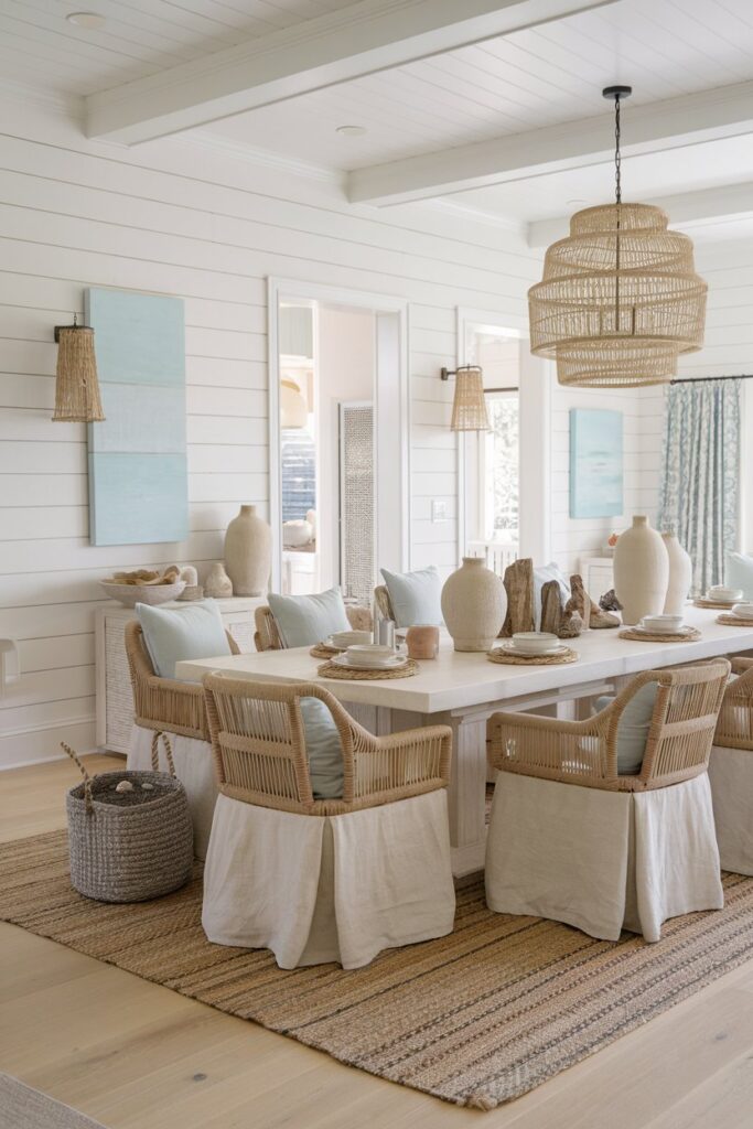 Coastal Dining Room Featuring Shiplap Walls