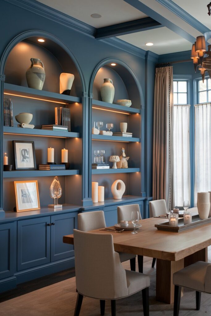 Blue Dining Room Featuring Built-In Shelving