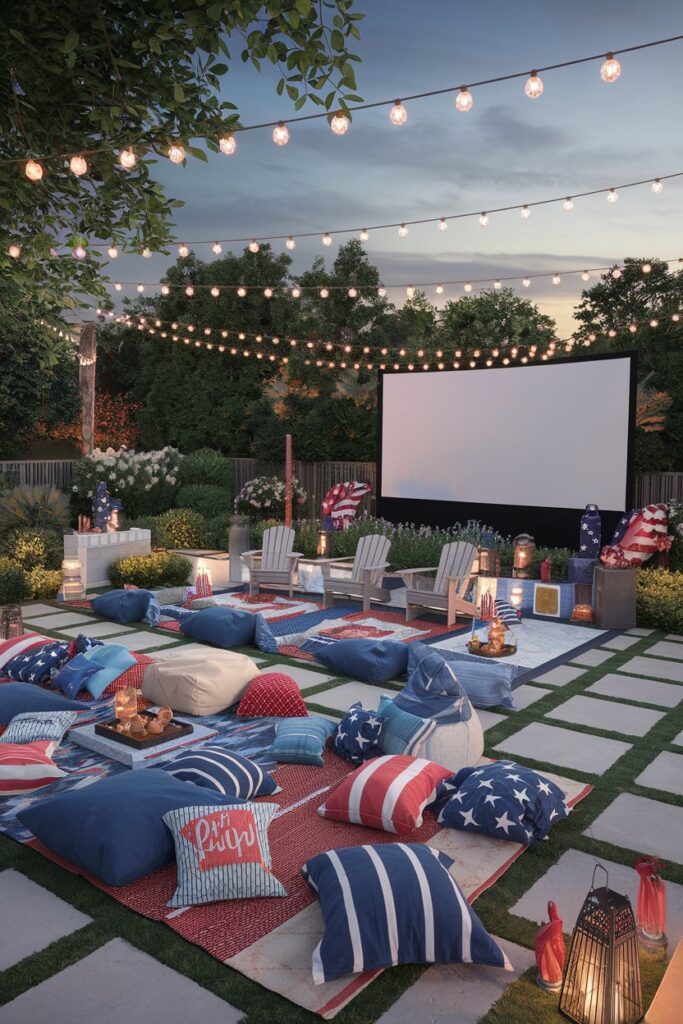 Outdoor Movie Night with 4th of July Decorations