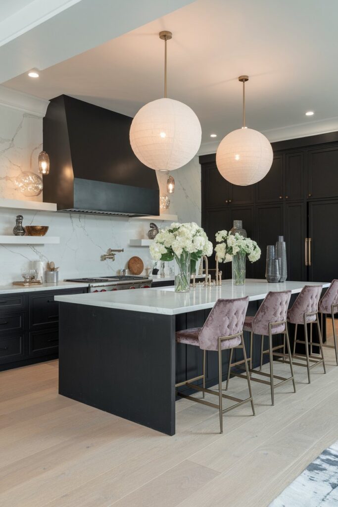 Elegant Black and White Kitchen with Pendant Lighting