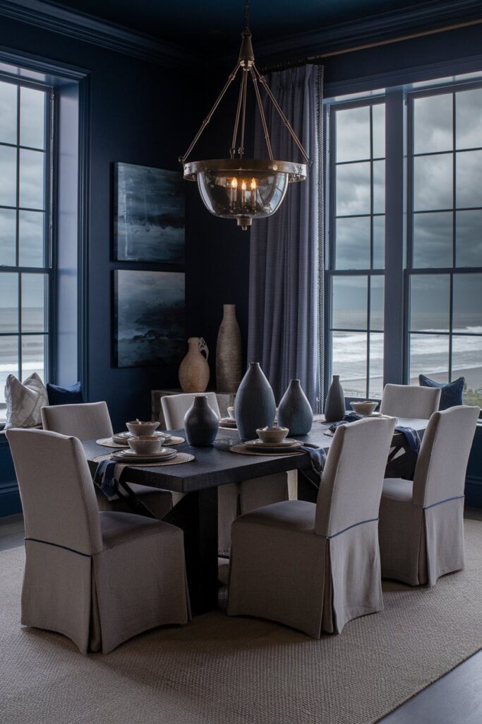 Dark Coastal Dining Room With Moody Blue Tones