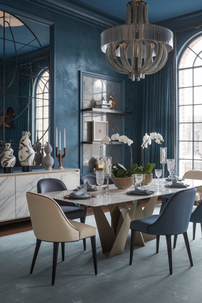 Sapphire Blue Dining Room With Marble Details