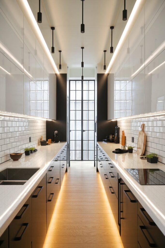 Black and White Galley Kitchen Layout