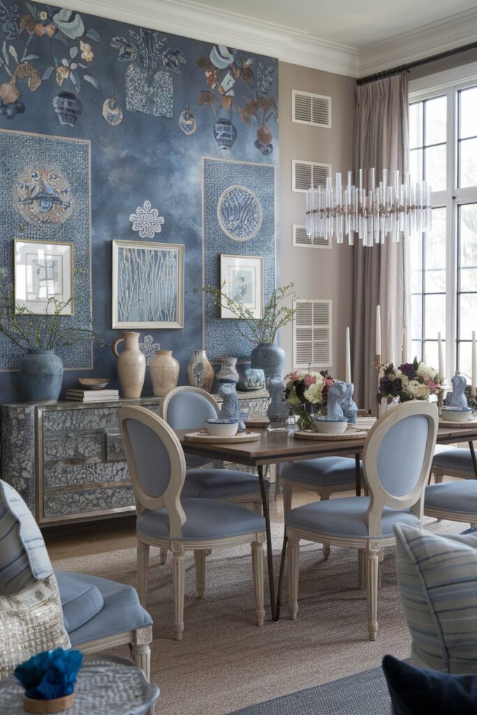 Blue Dining Room With Wallpaper Feature Wall
