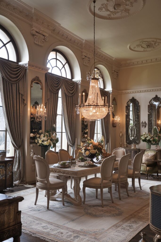 Victorian Dining Room With Arched Windows and Heavy Drapes