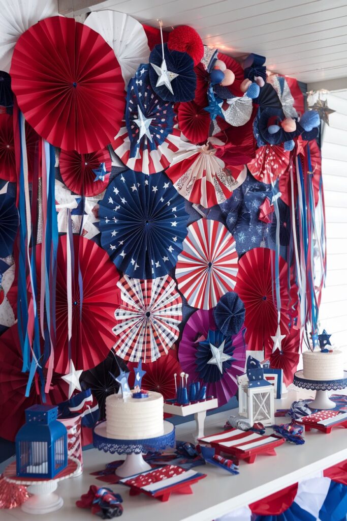 DIY Paper Fan Wall Backdrop in Patriotic Colors