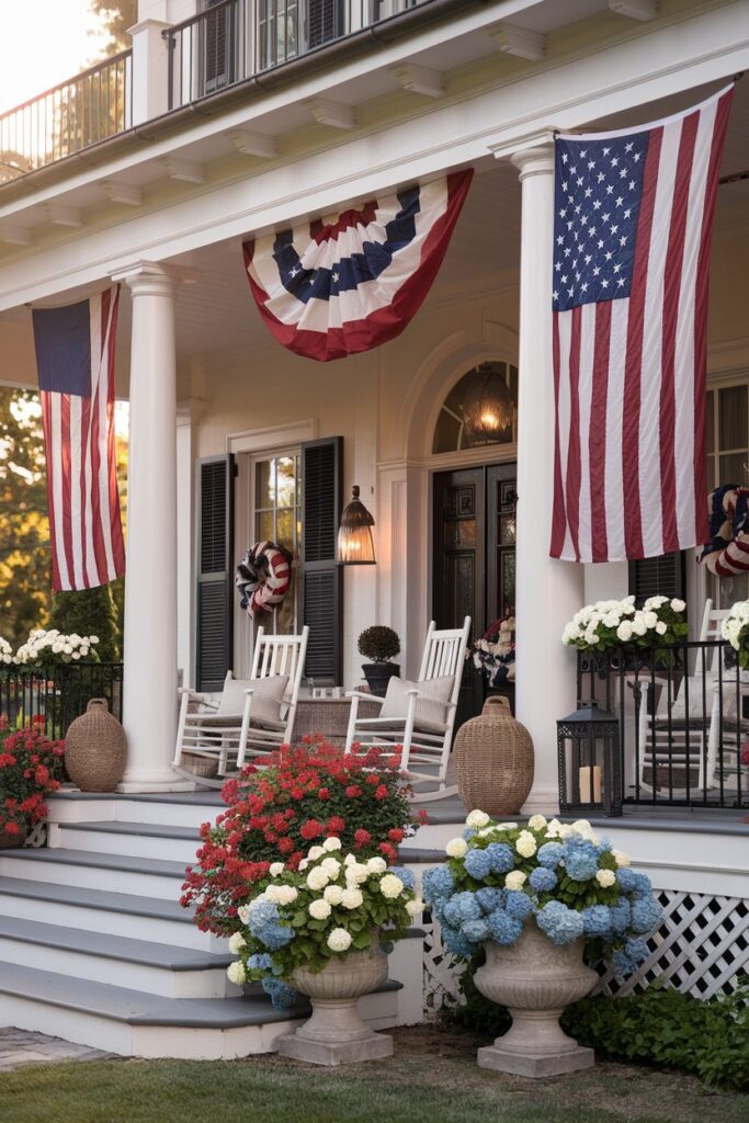 Front Porch Decor Featuring Oversized American Flags