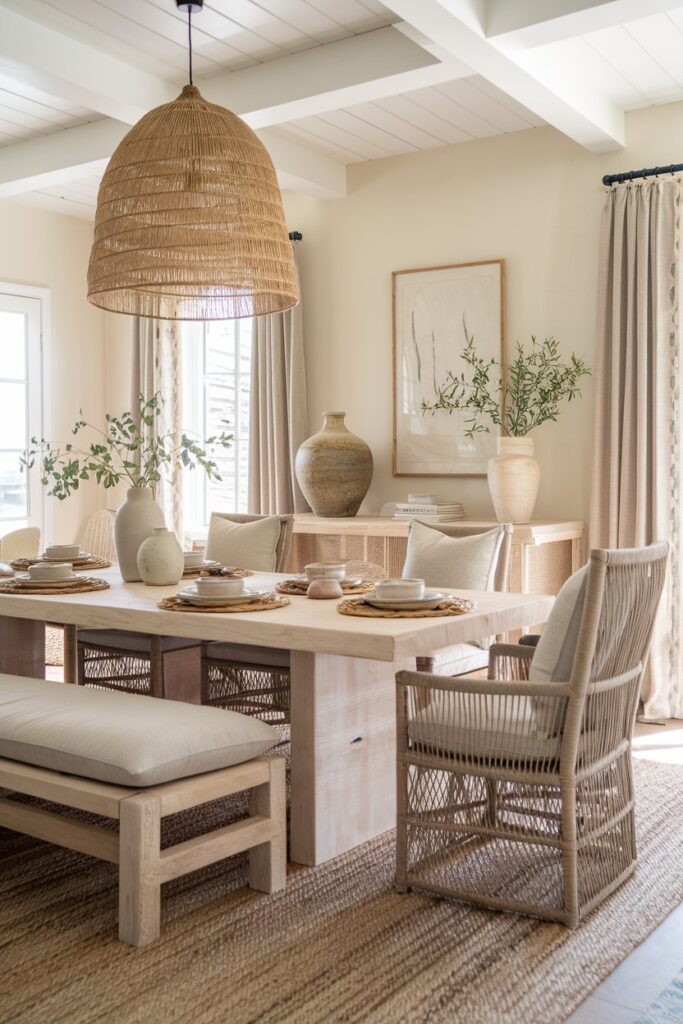 Coastal Dining Room With Woven Chairs and Natural Fibers