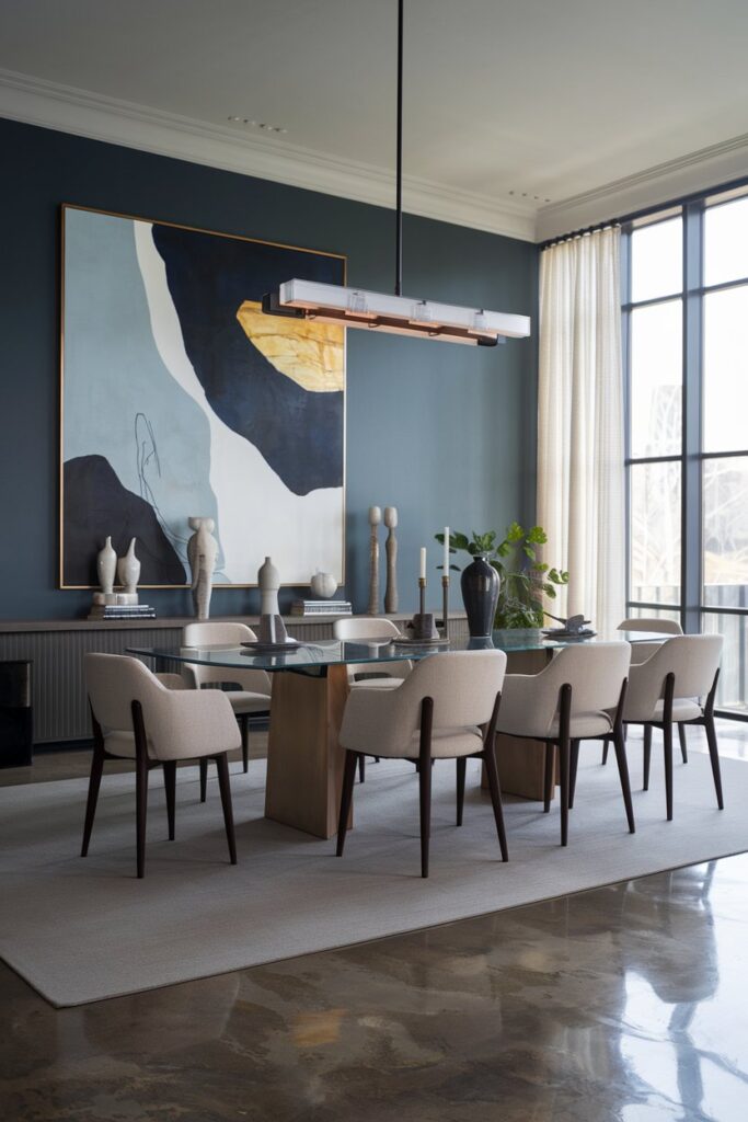 Blue Dining Room With Large Abstract Artwork