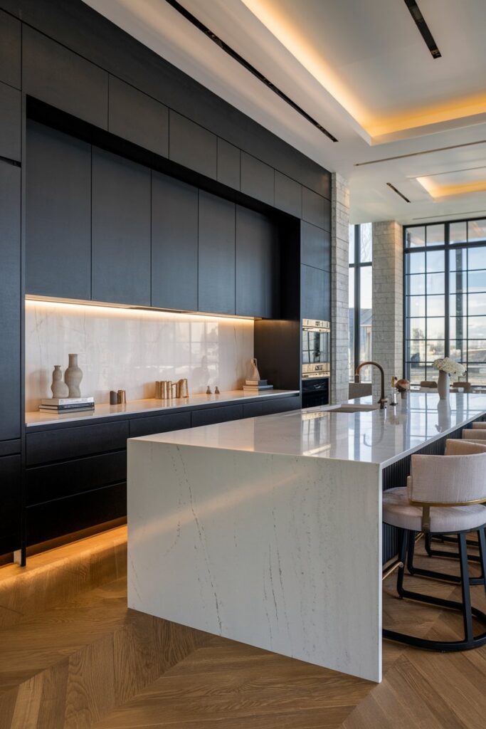 White Quartz Counters with Black Cabinetry