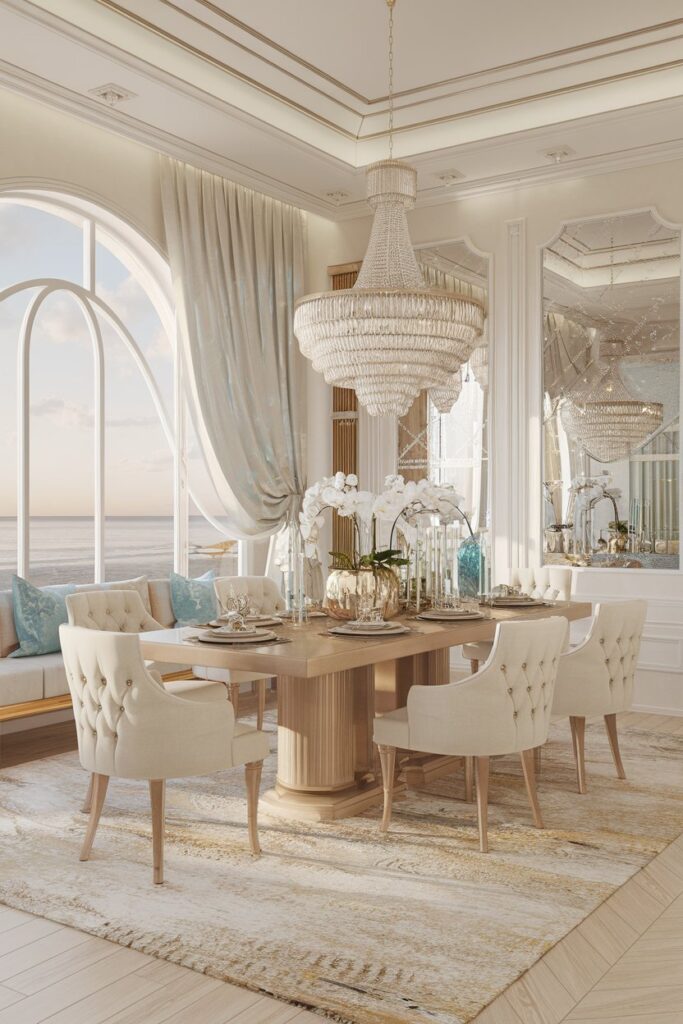 Coastal Glam Dining Room With Crystal and Linen Elements