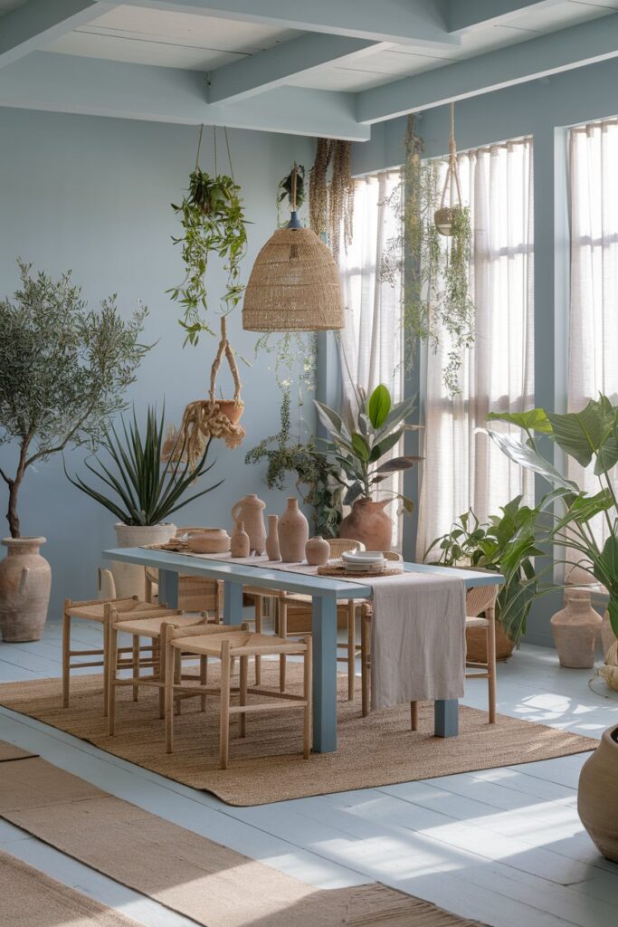 Blue Dining Room With Greenery and Organic Decor