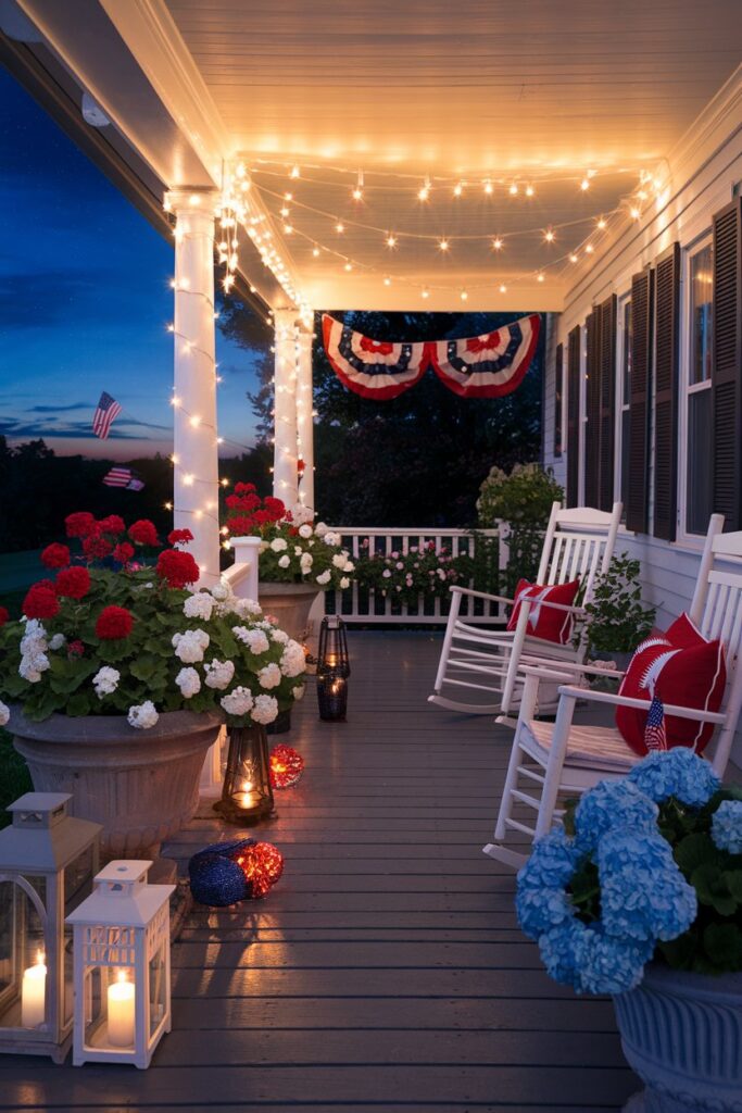 Nighttime 4th of July Porch With String Lights