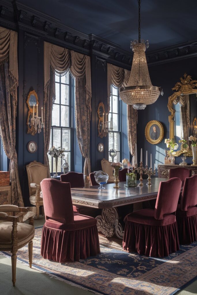 Victorian Dining Room With Deep Navy Blue Walls