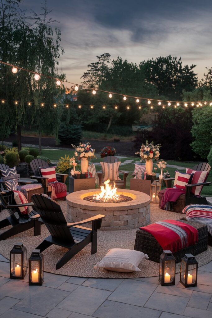 Cozy Fire Pit Seating Area with Patriotic Touches