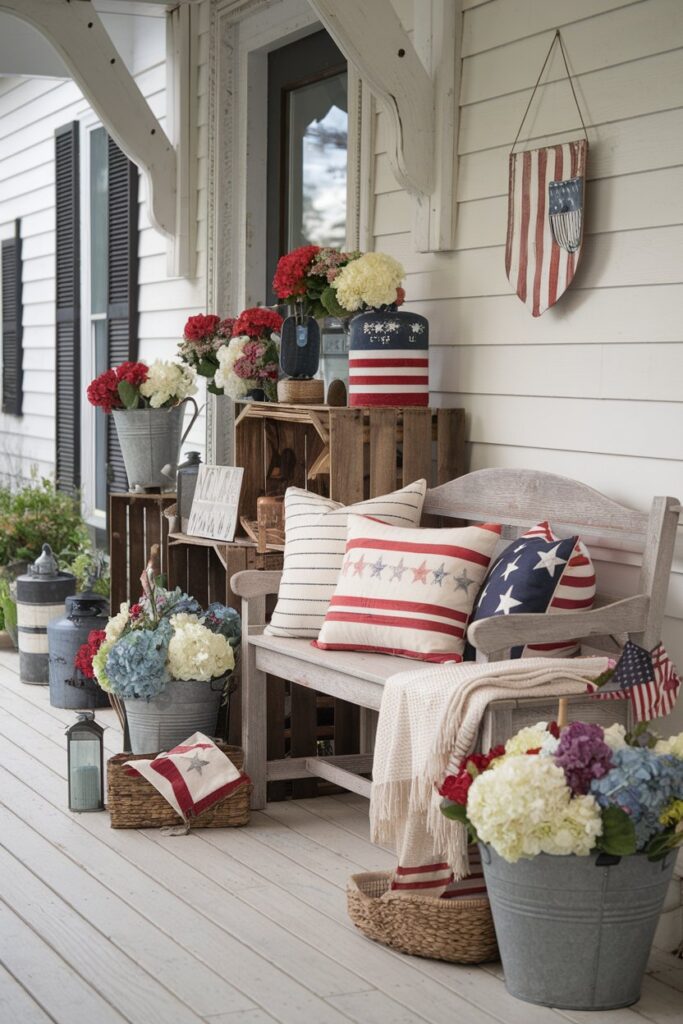 Rustic Wooden Bench Patriotic Porch Setup