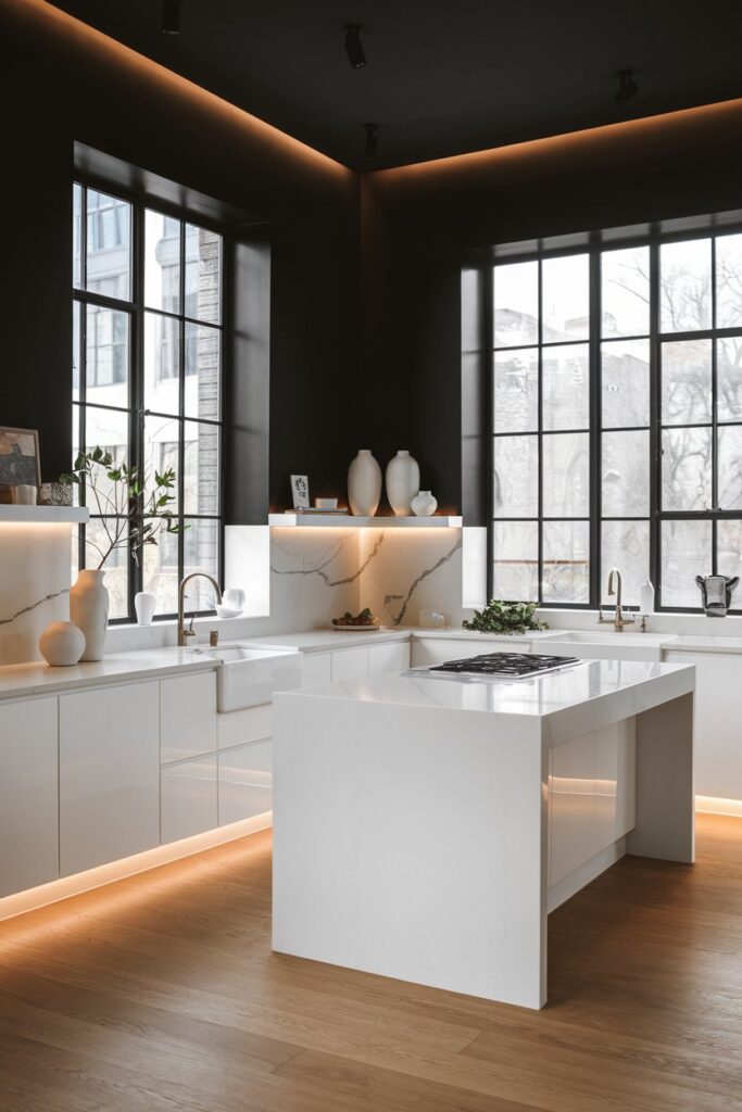 Bold Black Walls with White Kitchen Decor