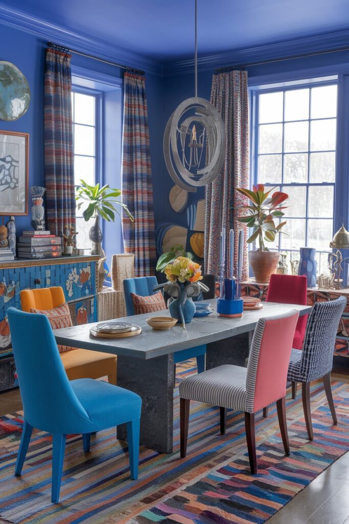 Eclectic Blue Dining Room With Mixed Patterns