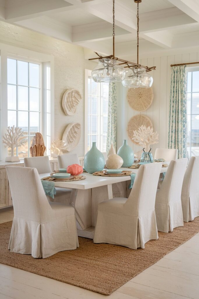 Coastal Dining Room With Coral and Sea-Inspired Decor