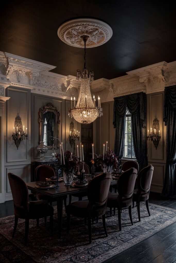 Victorian Dining Room With Black Ceiling and Moody Lighting