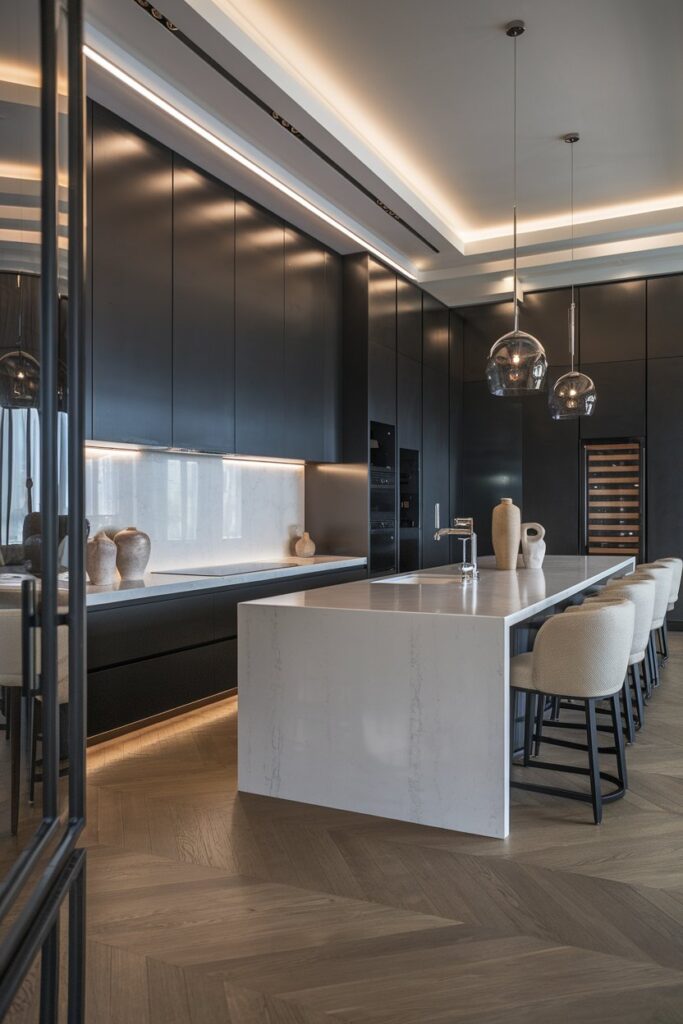 Matte Black Cabinets with White Countertops