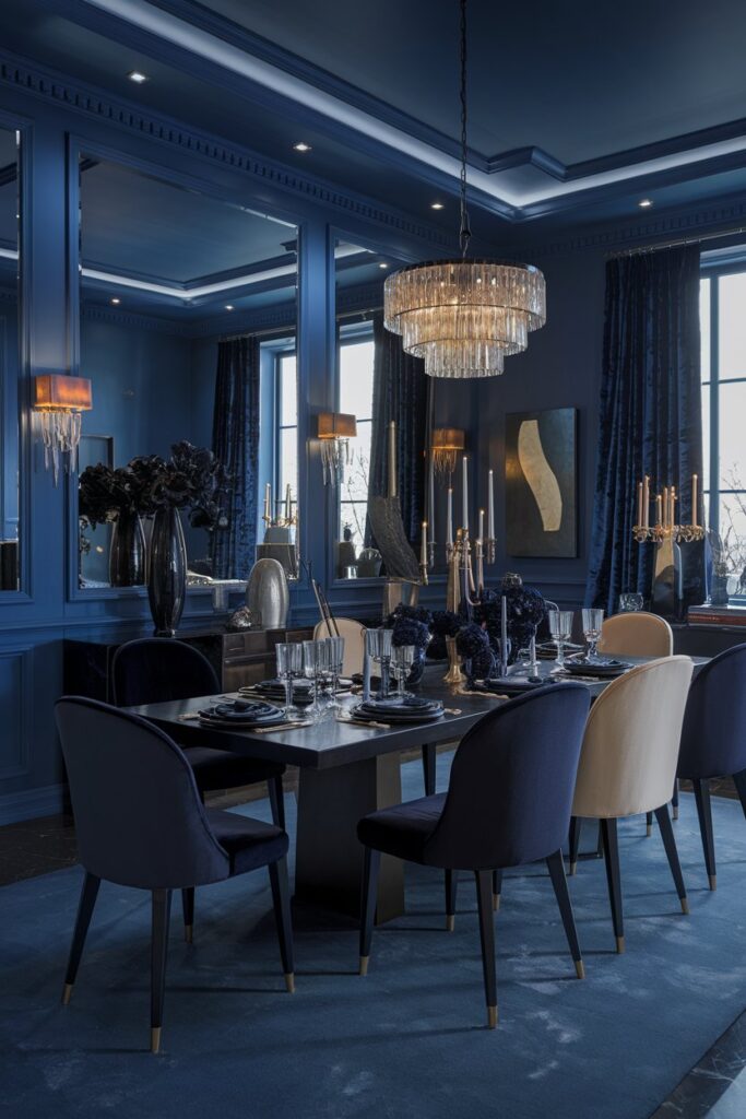 Dramatic Blue Dining Room With Layered Lighting