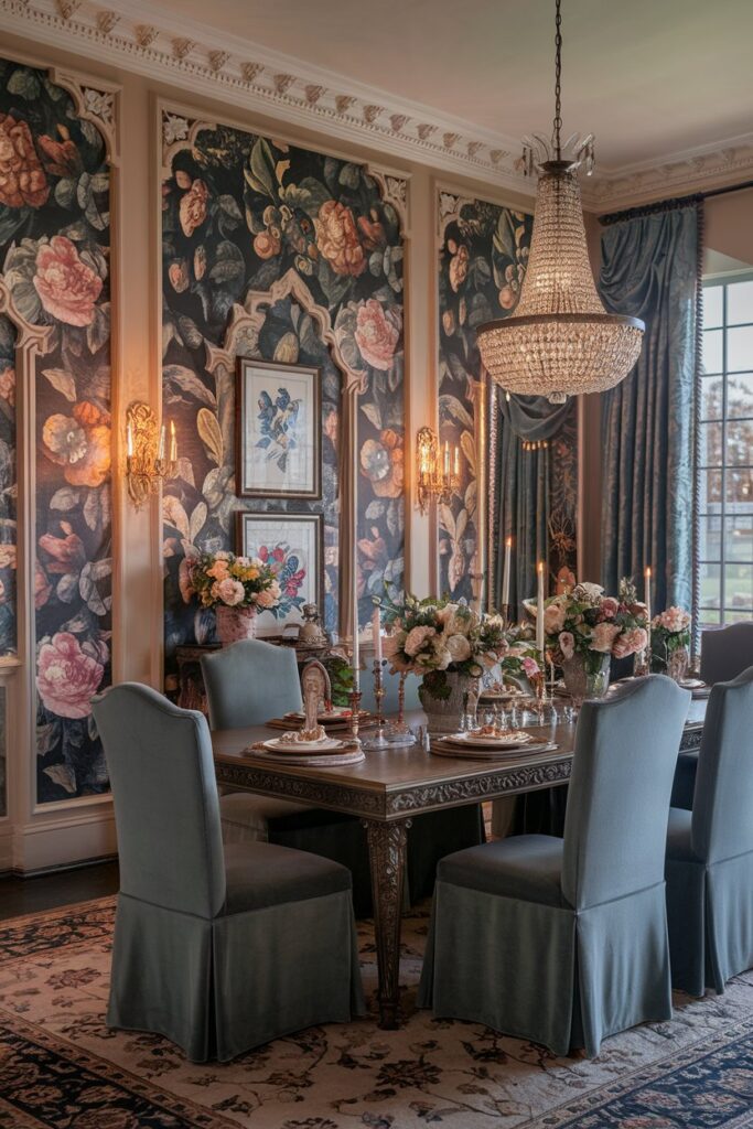 Victorian Dining Room With Floral Wallpaper