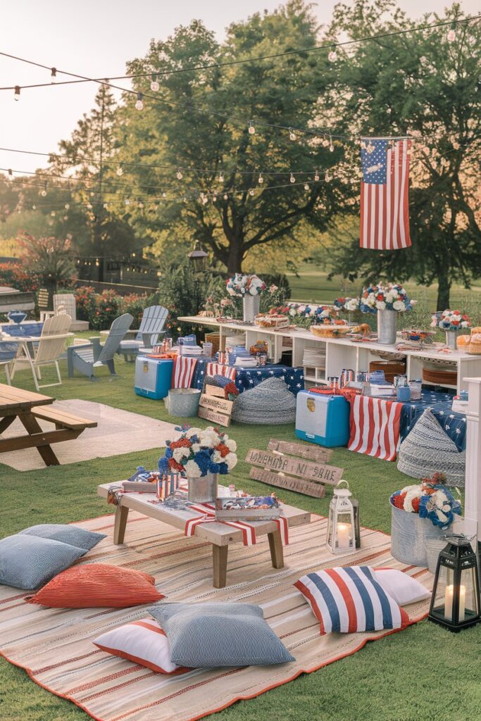 Backyard BBQ Party Setup with American Flags