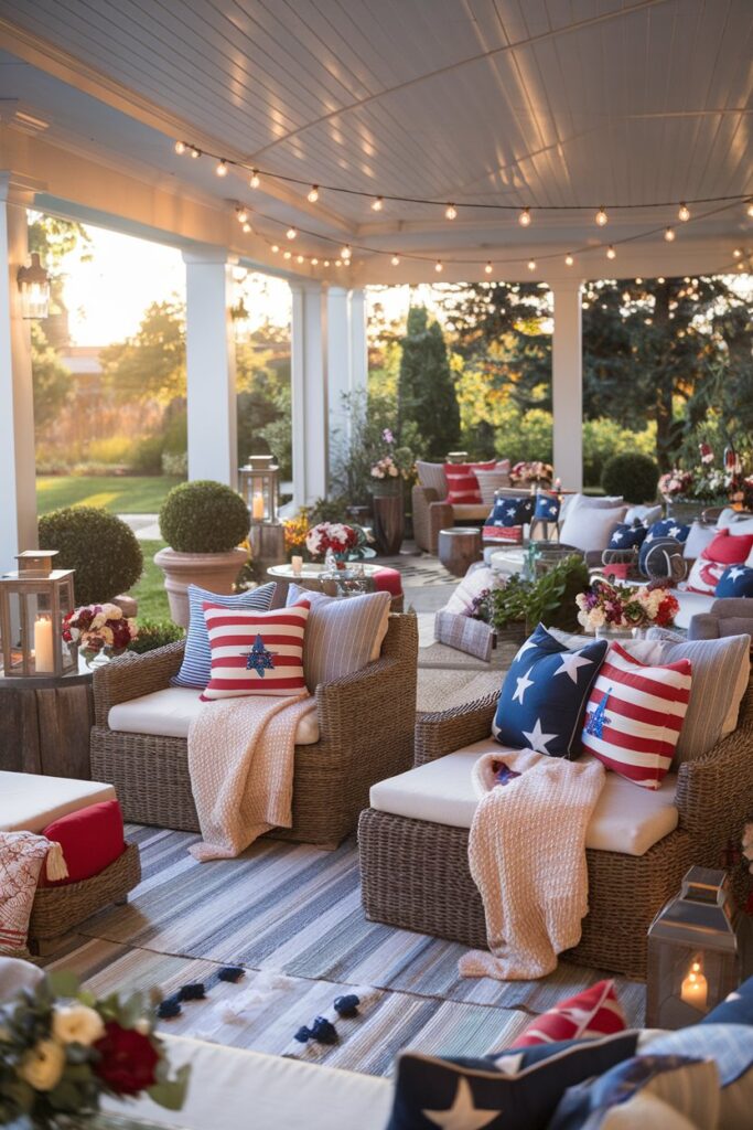 Cozy Patio Lounge with Patriotic Throw Pillows