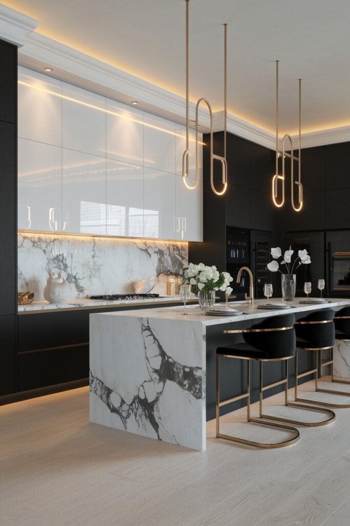 Black and White Kitchen with Marble Backsplash