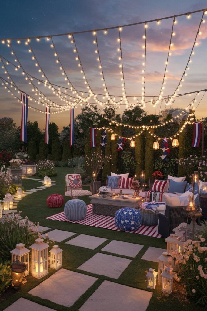Festive Outdoor String Lights and Lantern Display