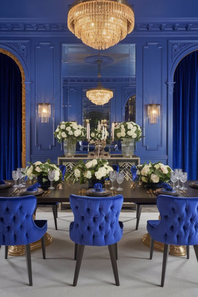 Royal Blue Dining Room With Luxe Velvet Chairs
