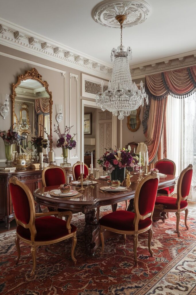 Victorian Dining Room With Velvet Dining Chairs