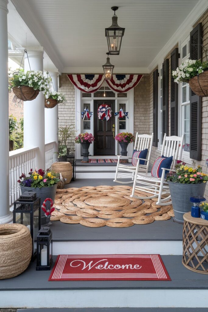 Front Porch With Layered Patriotic Rugs