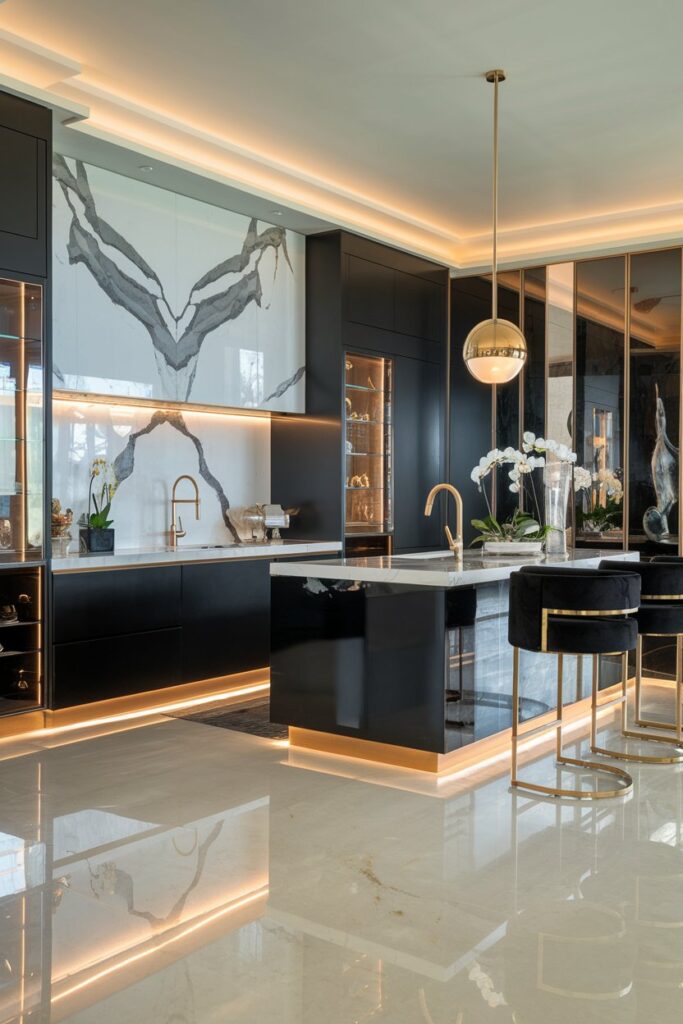 Luxury Black and White Kitchen with Gold Touches