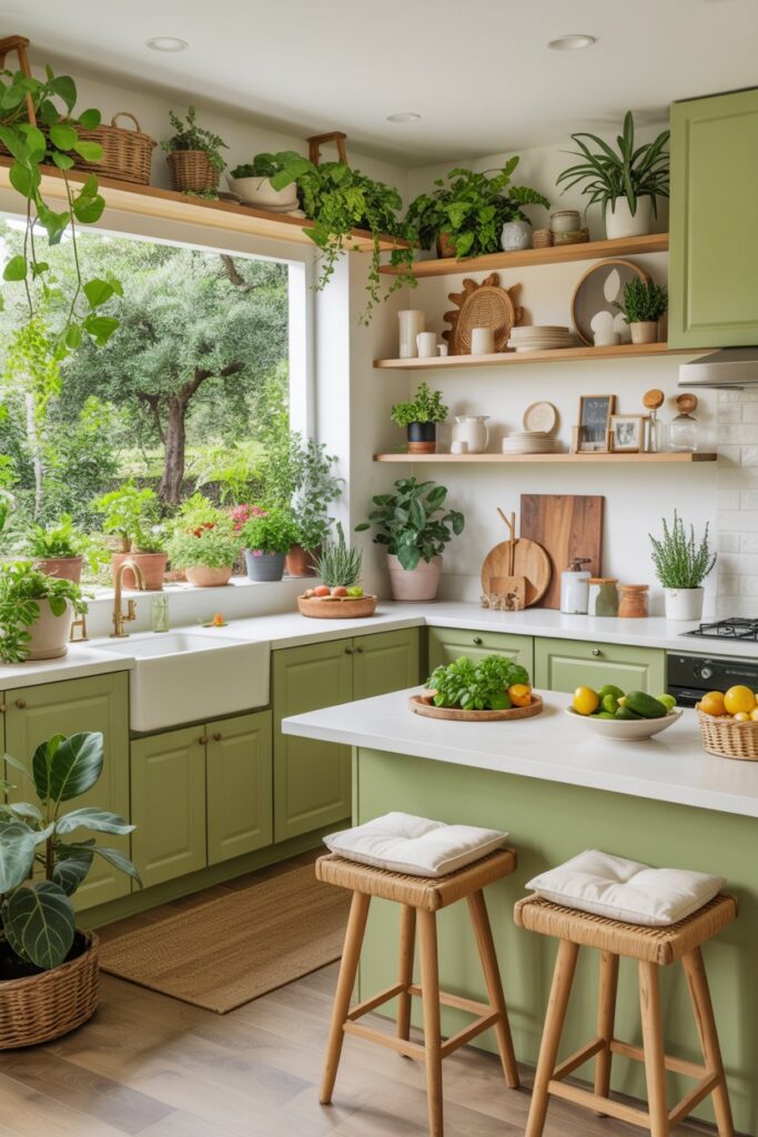 Green Summer Kitchen with Fresh Plants