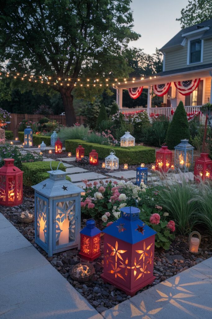 Red, White, and Blue Lantern Garden Scene