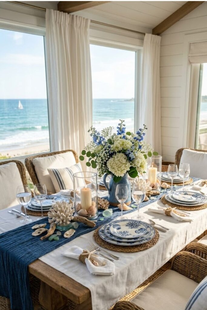 Coastal Blue and White Summer Tablescape