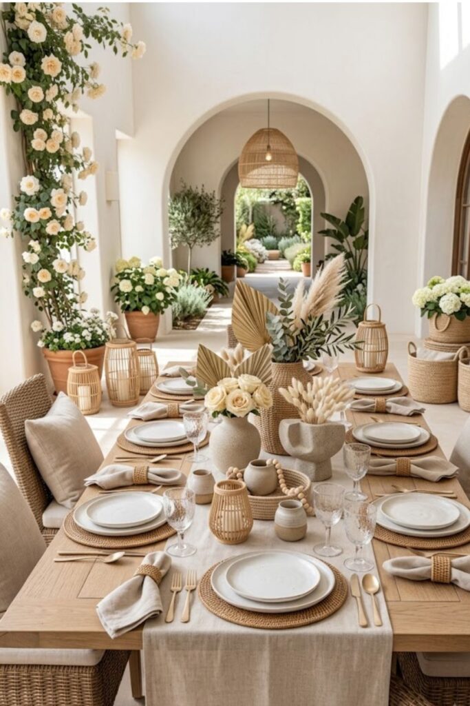 Neutral Rattan and Woven Accents Tablescape