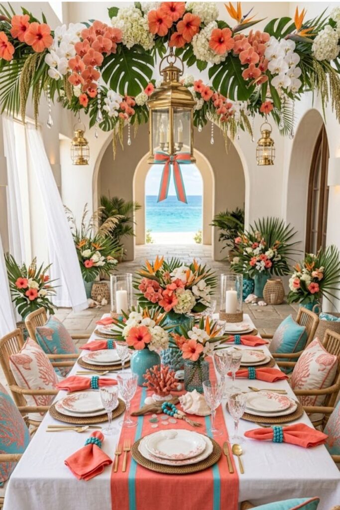 Bright Coral and Turquoise Beach Tablescape