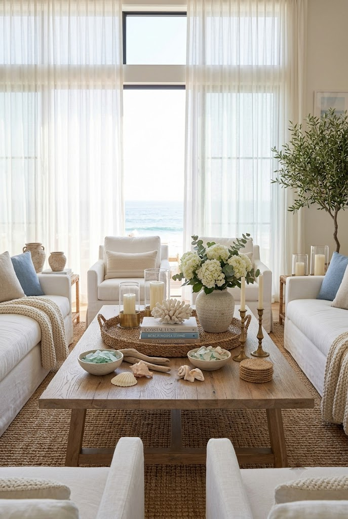 Coastal Coffee Table Styling with Coral and Candles