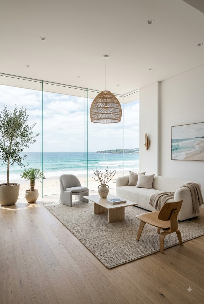 Modern Beach House Living Room with Clean Coastal Lines