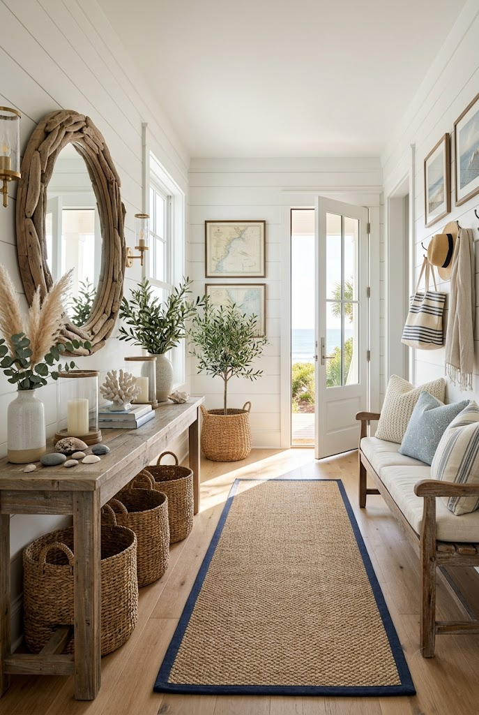 Coastal Entryway with Woven Baskets and Driftwood Accents