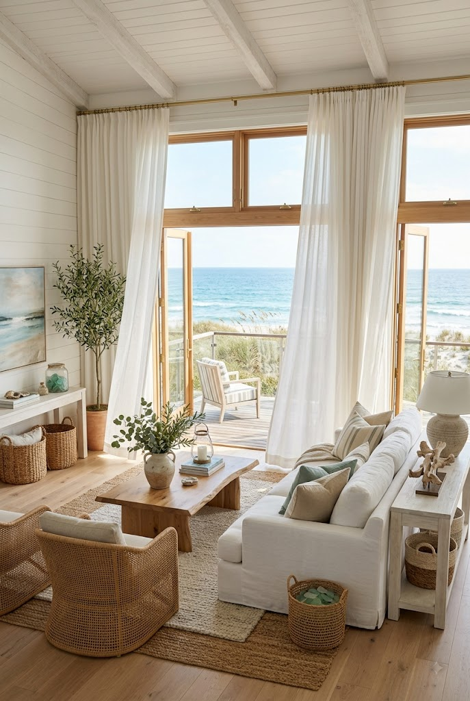 Coastal Window Treatments Using Light Linen Curtains