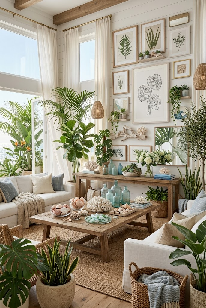 Beach House Decor with Coastal Greenery and Indoor Plants