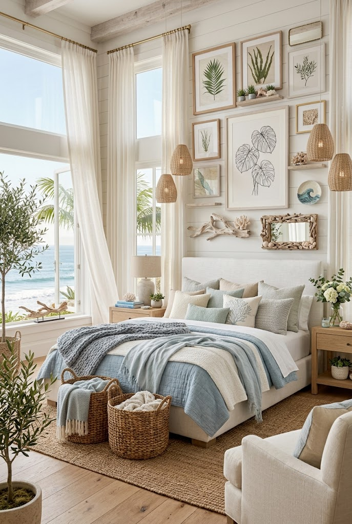 Coastal Bedroom Layered with Textured Throws and Pillows